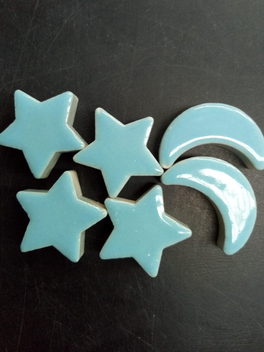 CERB1 - Mosaic Glazed Blue Ceramic Moons & Stars - 2cm x 7mm