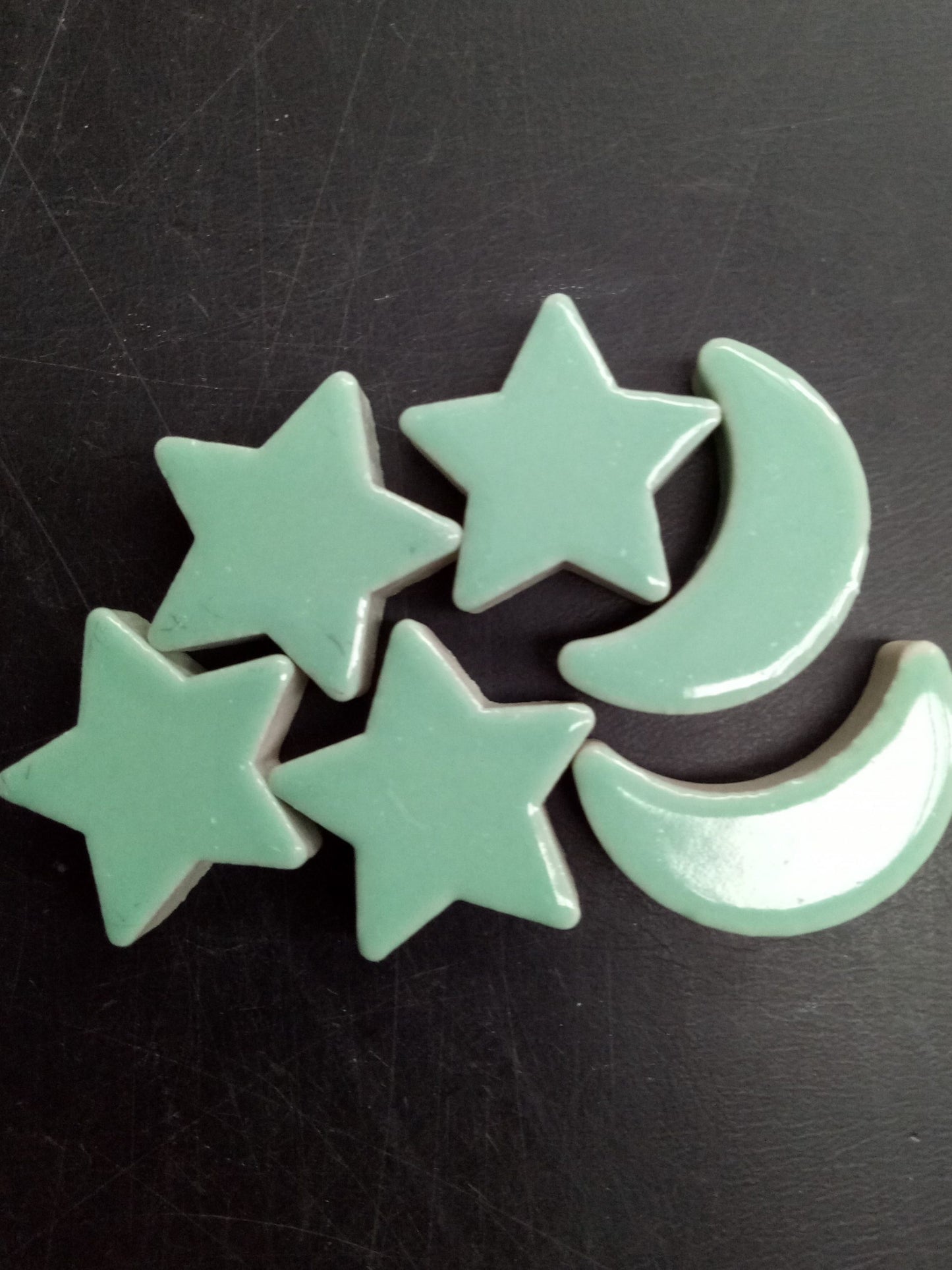 CERG1 -Mosaic Glazed Green Ceramic Moons & Stars - 2cm x 7mm